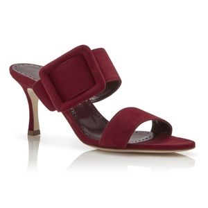 Manolo Blahnik Red Suede Open Toe Mules